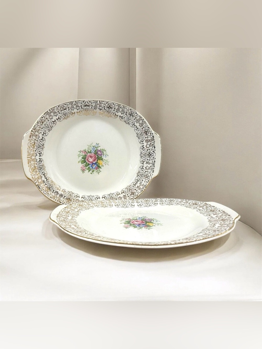 Triumph American Limoges Rosalie TS350-1 Oval Serving Platters 22K Gold Set Of 2